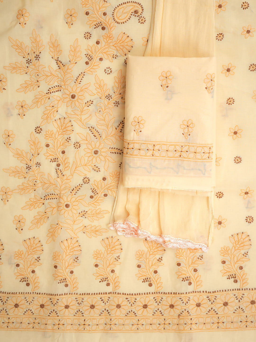 Ada Hand Embroidered Fawn Cotton Lucknowi Chikankari Unstitched Suit Piece With Chiffon Dupatta 01A1025624_3