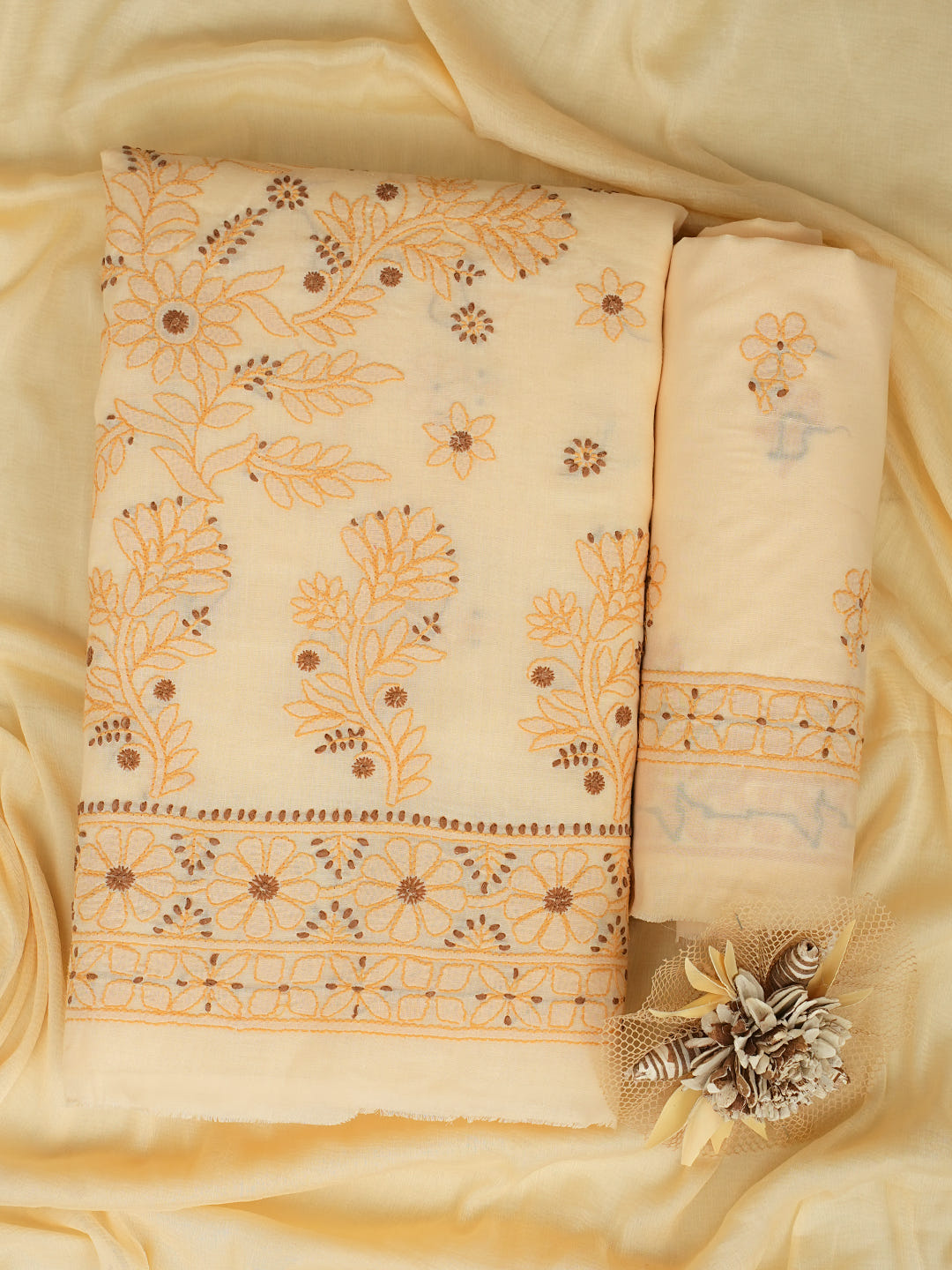 Ada Hand Embroidered Fawn Cotton Lucknowi Chikankari Unstitched Suit Piece With Chiffon Dupatta 01A1025624_1