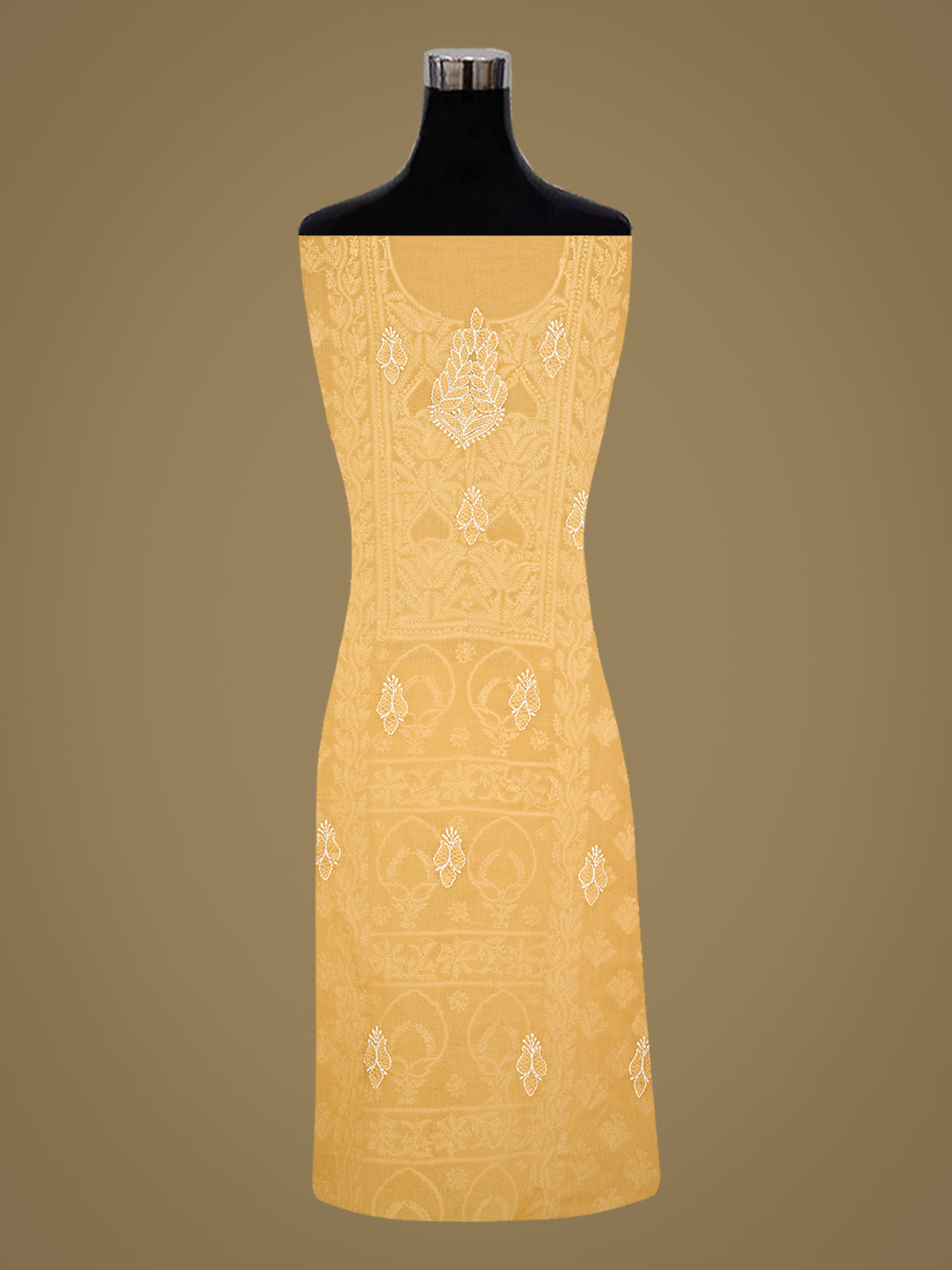 Ada Hand Embroidered Fawn Cotton Lucknowi Chikankari Unstitched Suit Piece With Chiffon Dupatta 01A981229