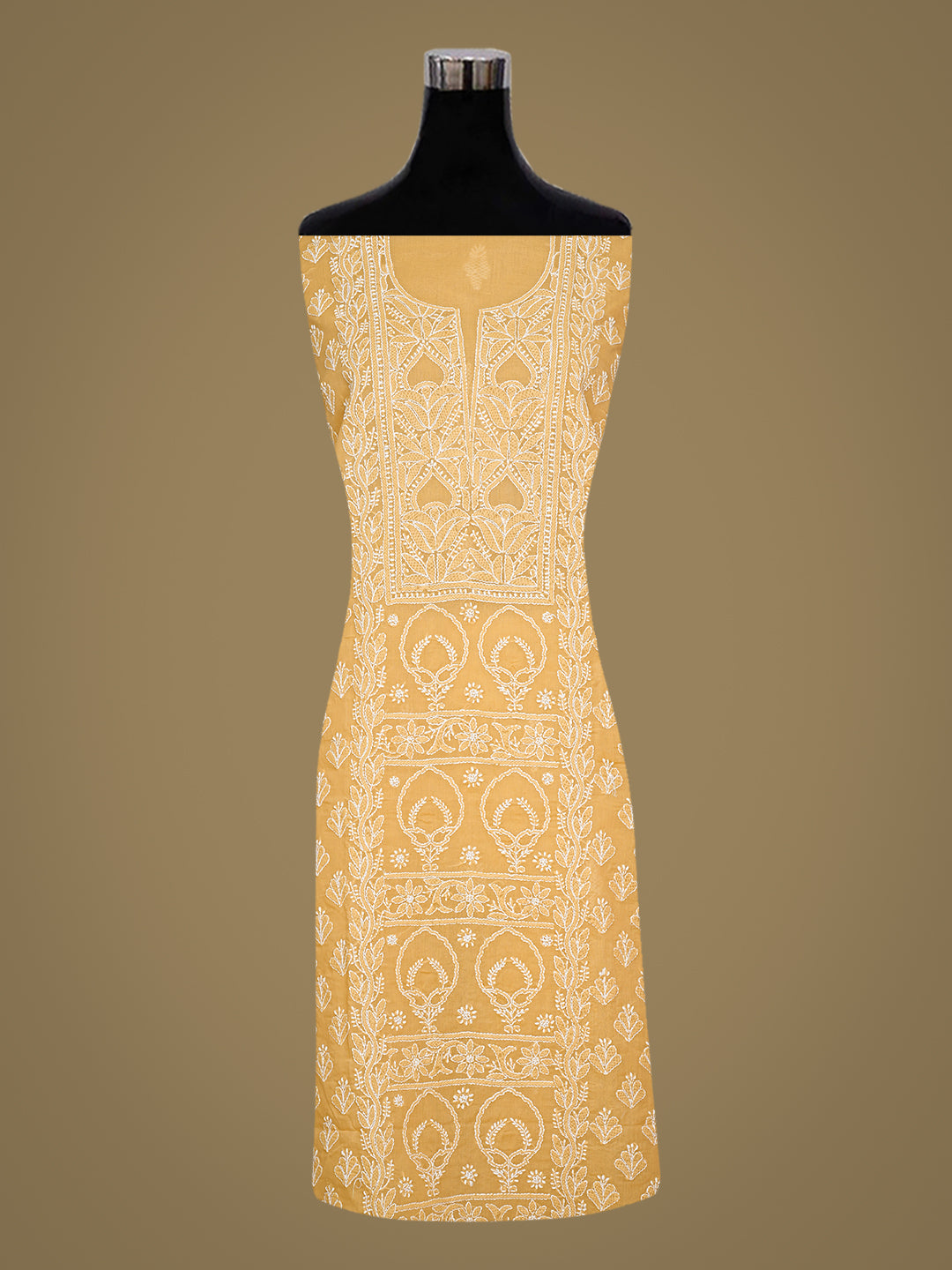Ada Hand Embroidered Fawn Cotton Lucknowi Chikankari Unstitched Suit Piece With Chiffon Dupatta 01A981229