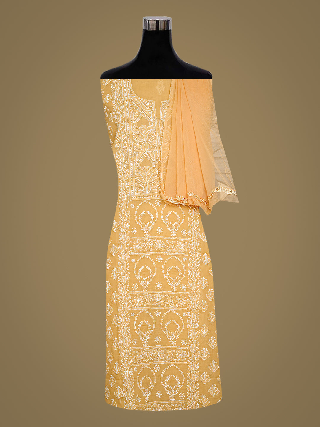 Ada Hand Embroidered Fawn Cotton Lucknowi Chikankari Unstitched Suit Piece With Chiffon Dupatta 01A981229