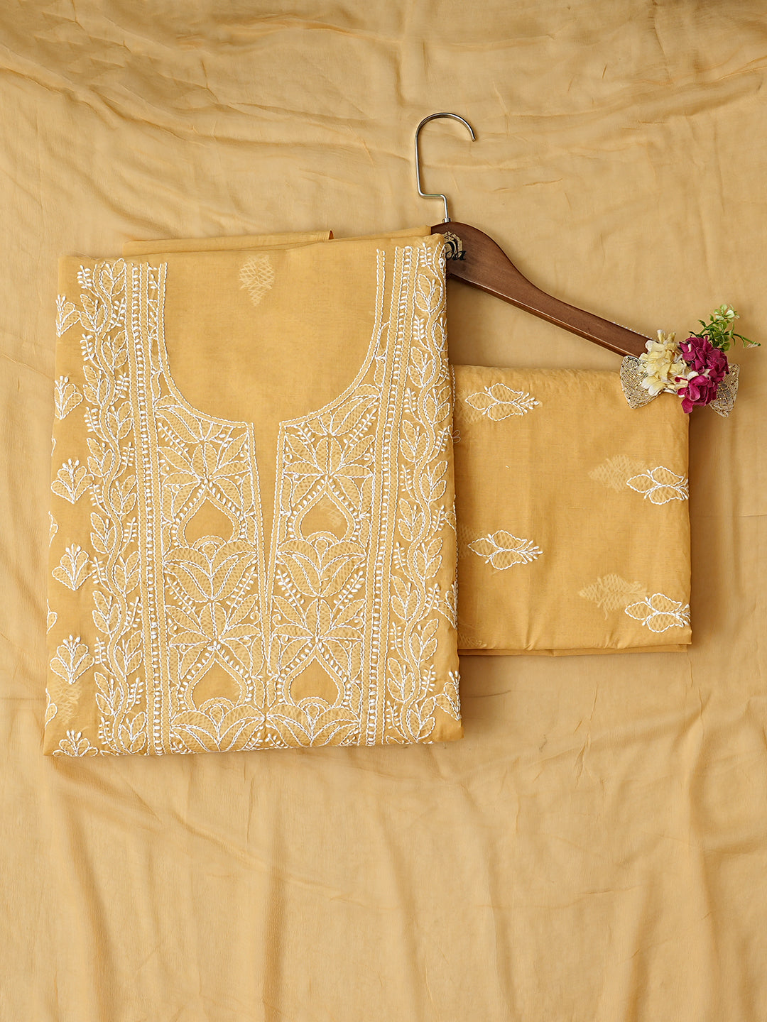 Ada Hand Embroidered Fawn Cotton Lucknowi Chikankari Unstitched Suit Piece With Chiffon Dupatta 01A981229