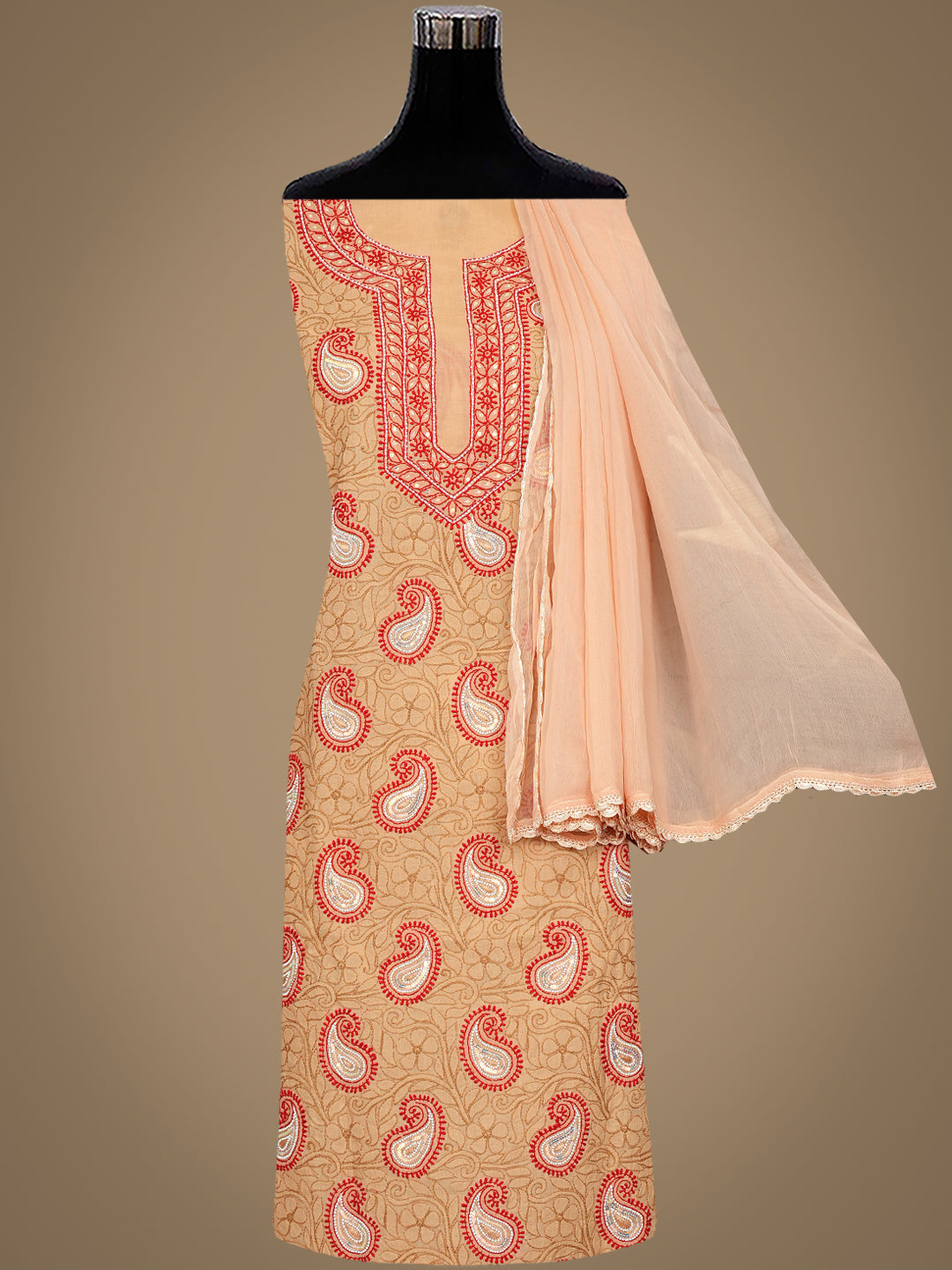 Ada Hand Embroidered Fawn Cotton Lucknowi Chikankari Unstitched Suit Piece With Pearl and Sequinned Work 01A985682