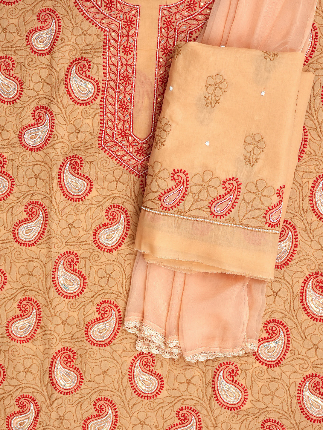 Ada Hand Embroidered Fawn Cotton Lucknowi Chikankari Unstitched Suit Piece With Pearl Work 01A985682