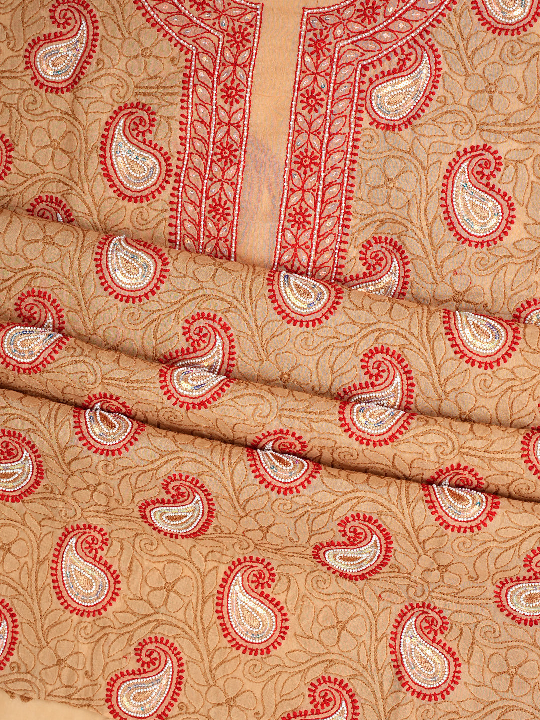 Ada Hand Embroidered Fawn Cotton Lucknowi Chikankari Unstitched Suit Piece With Pearl Work 01A985682