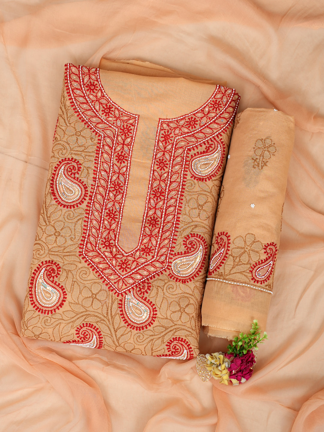 Ada Hand Embroidered Fawn Cotton Lucknowi Chikankari Unstitched Suit Piece With Pearl and Sequinned Work 01A985682