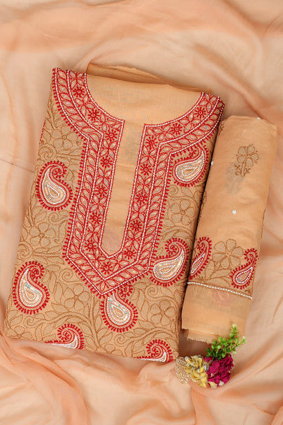 Ada Hand Embroidered Fawn Cotton Lucknowi Chikankari Unstitched Suit Piece With Pearl Work 01A985682