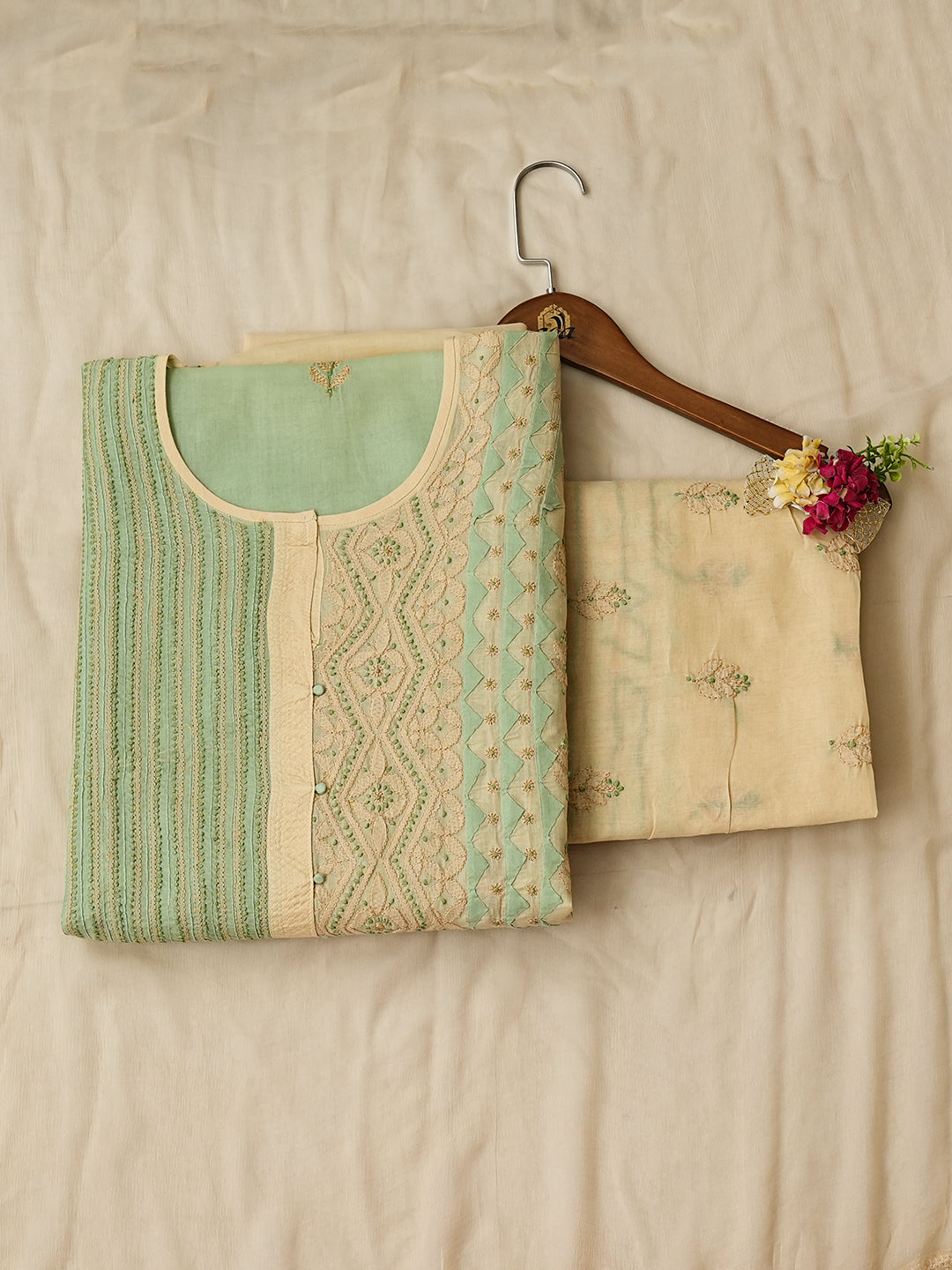 Ada Hand Embroidered Fawn Cotton Lucknowi Chikankari Unstitched Suit Set With Chiffon Dupatta 01A992999