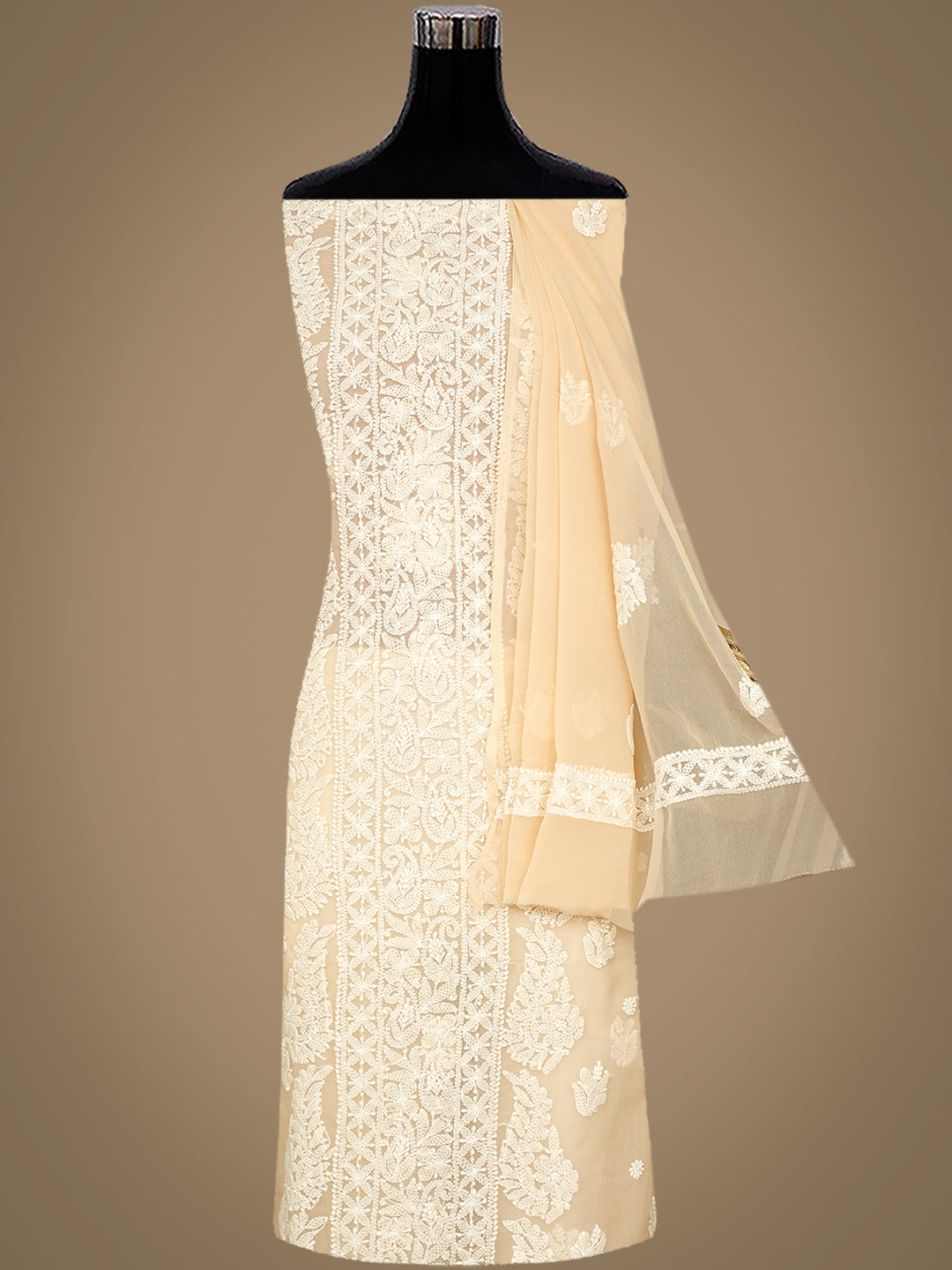 Ada Hand Embroidered Fawn Faux Georgette Lucknowi Chikankari Unstitched Suit Piece 01A996972