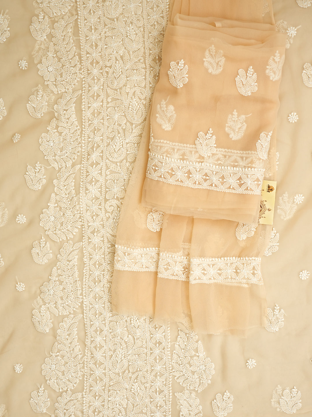 Ada Hand Embroidered Fawn Faux Georgette Lucknowi Chikankari Unstitched Suit Piece 01A996972