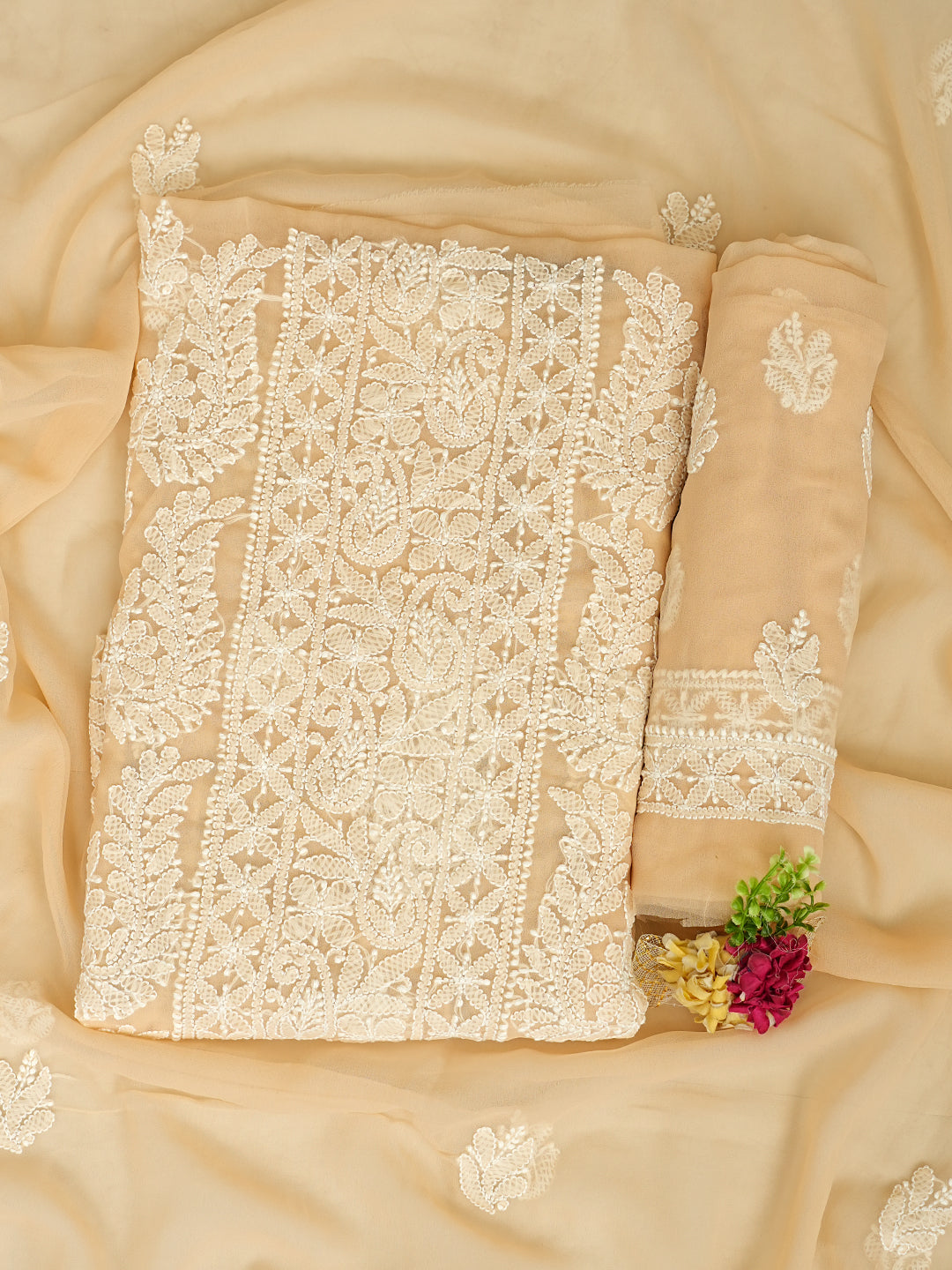 Ada Hand Embroidered Fawn Faux Georgette Lucknowi Chikankari Unstitched Suit Piece 01A996972