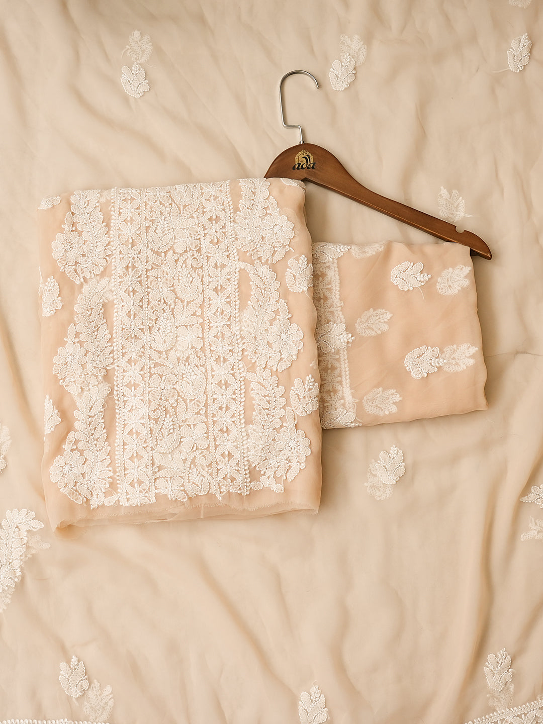 Ada Hand Embroidered Fawn Faux Georgette Lucknowi Chikankari Unstitched Suit Piece 01A975905
