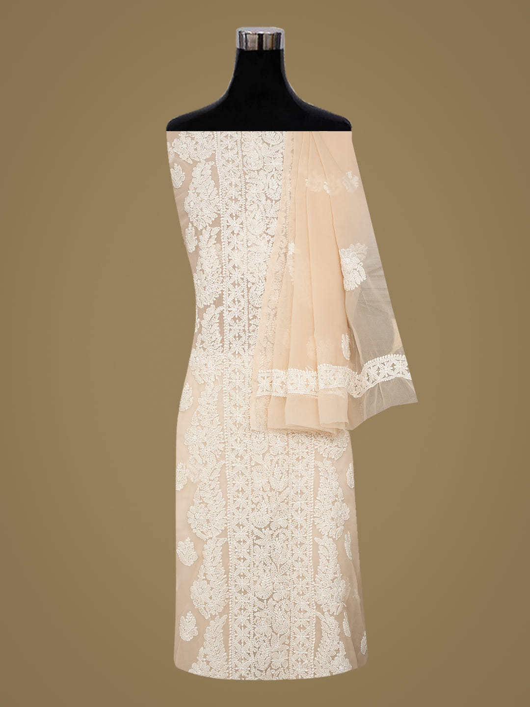 Ada Hand Embroidered Fawn Faux Georgette Lucknowi Chikankari Unstitched Suit Piece 01A975905
