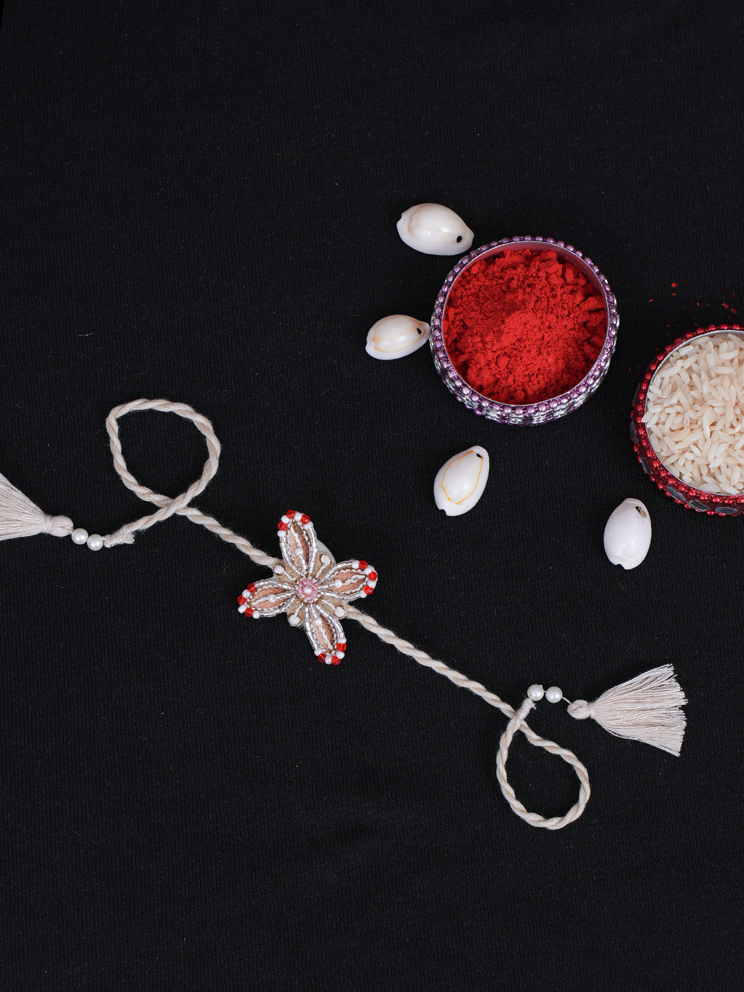 Ada Hand Embroidered Fawn Georgette Raksha Sutra Rakhi With Cutdana Work_2