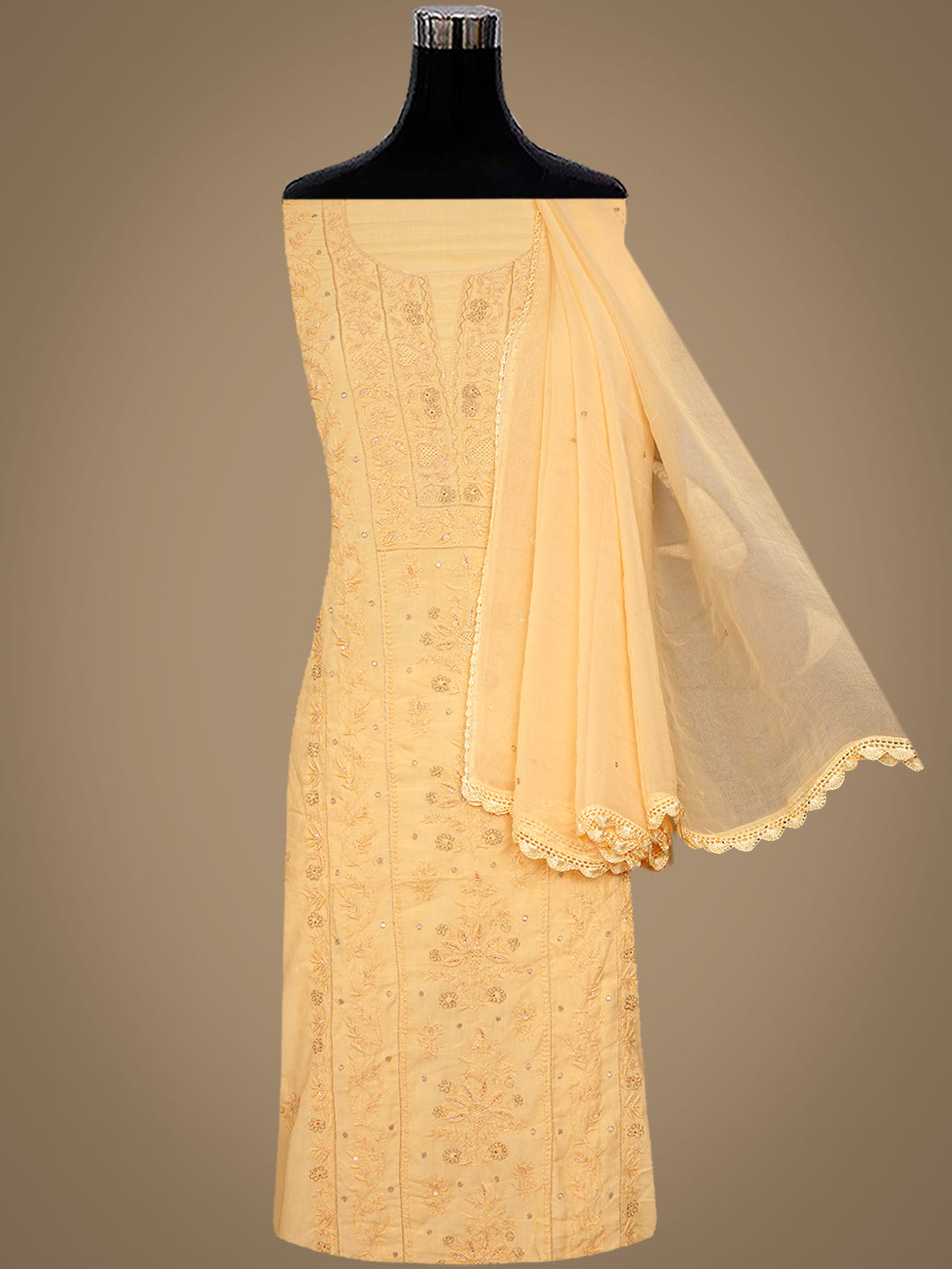 Ada Hand Embroidered Fawn Madal Lucknowi Chikankari Unstitched Suit Piece With Cutdana Work_3