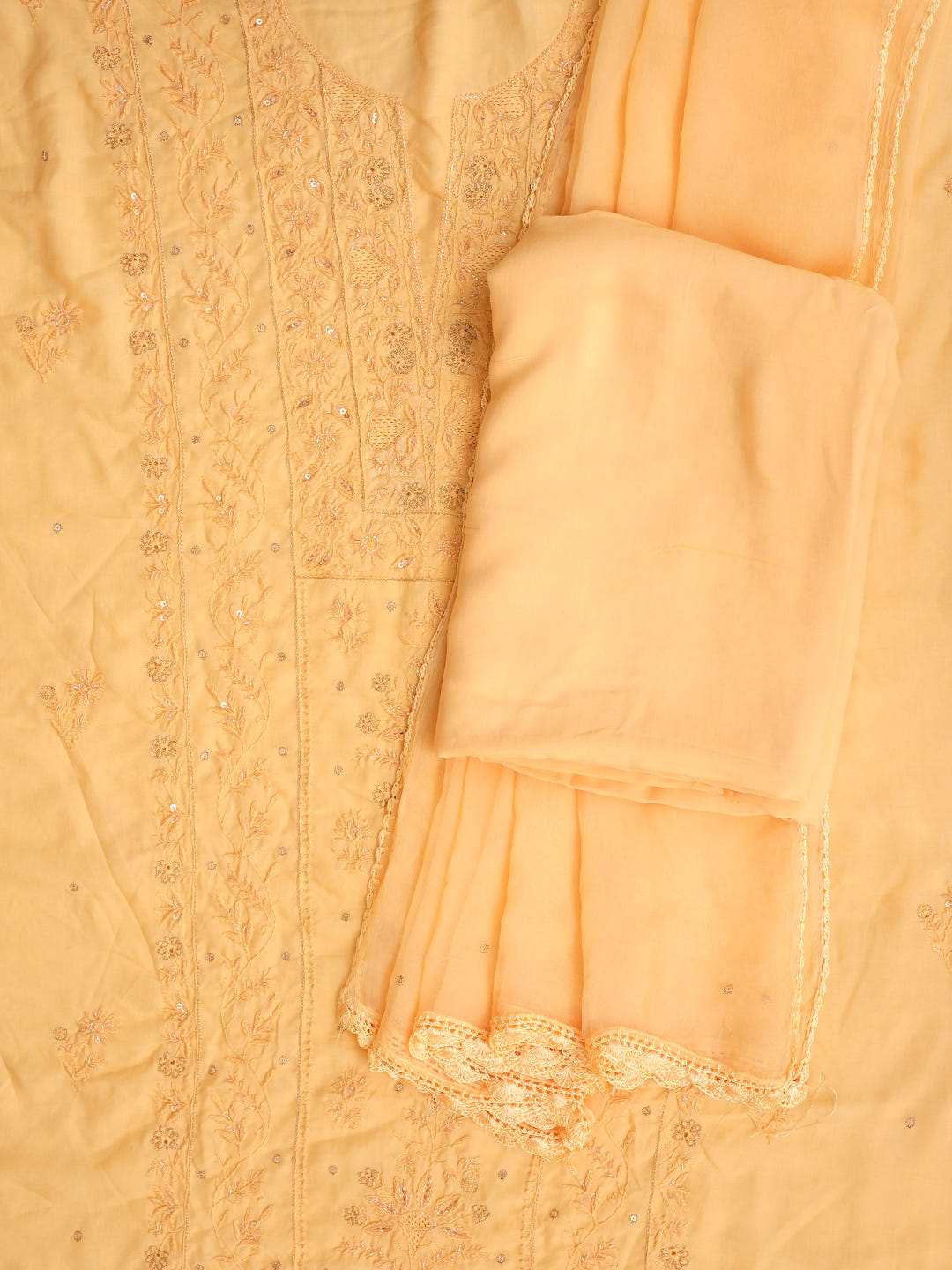 Ada Hand Embroidered Fawn Madal Lucknowi Chikankari Unstitched Suit Piece With Cutdana Work_5