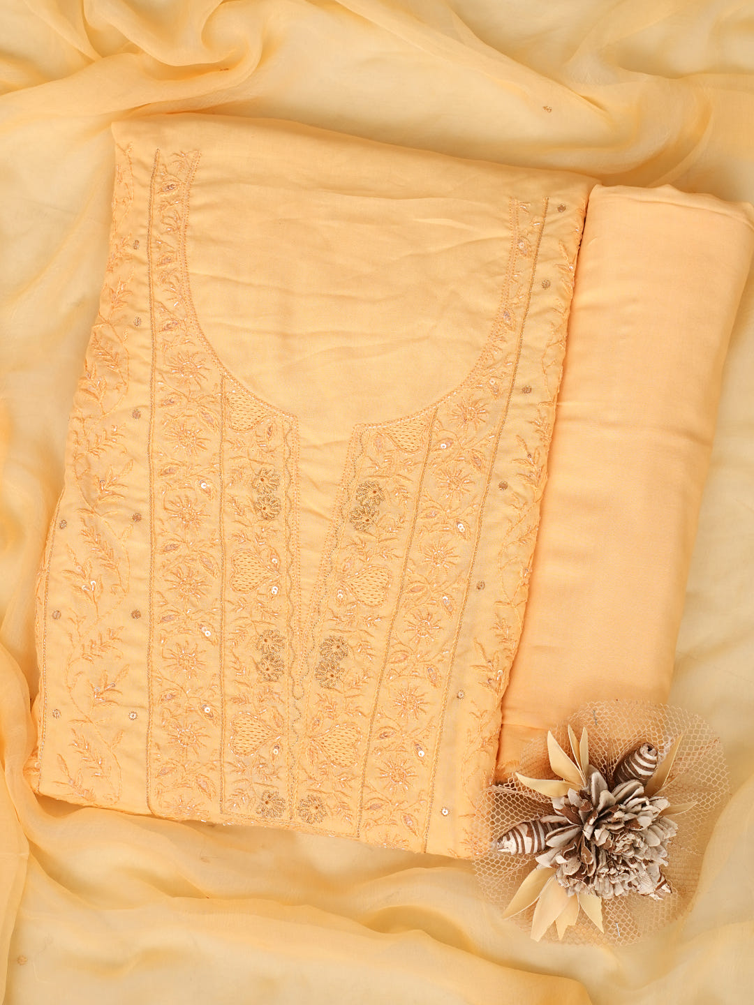 Ada Hand Embroidered Fawn Madal Lucknowi Chikankari Unstitched Suit Piece With Cutdana Work_1