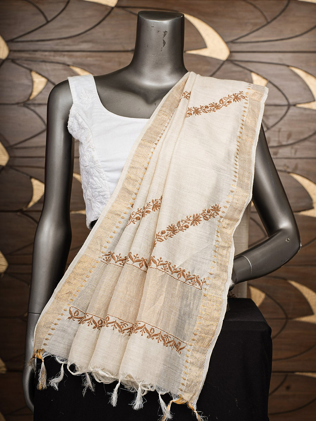 Ada Hand Embroidered Fawn Moonga Silk Lucknowi Chikankari Dupatta 07A500715