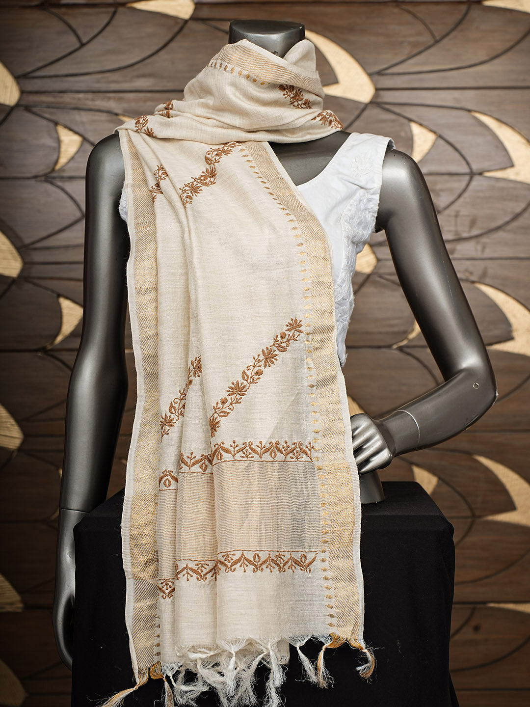 Ada Hand Embroidered Fawn Moonga Silk Lucknowi Chikankari Dupatta 07A500715