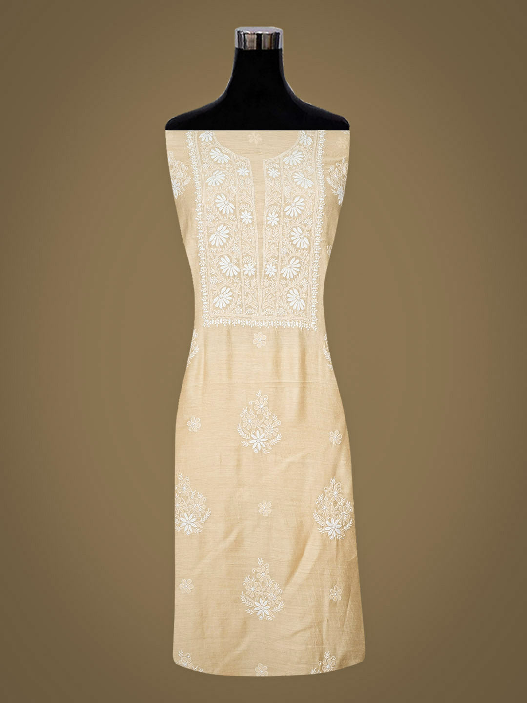 Ada Hand Embroidered Fawn Moonga Silk Lucknowi Chikankari Unstitched Kurta Dupatta Set 01A966358