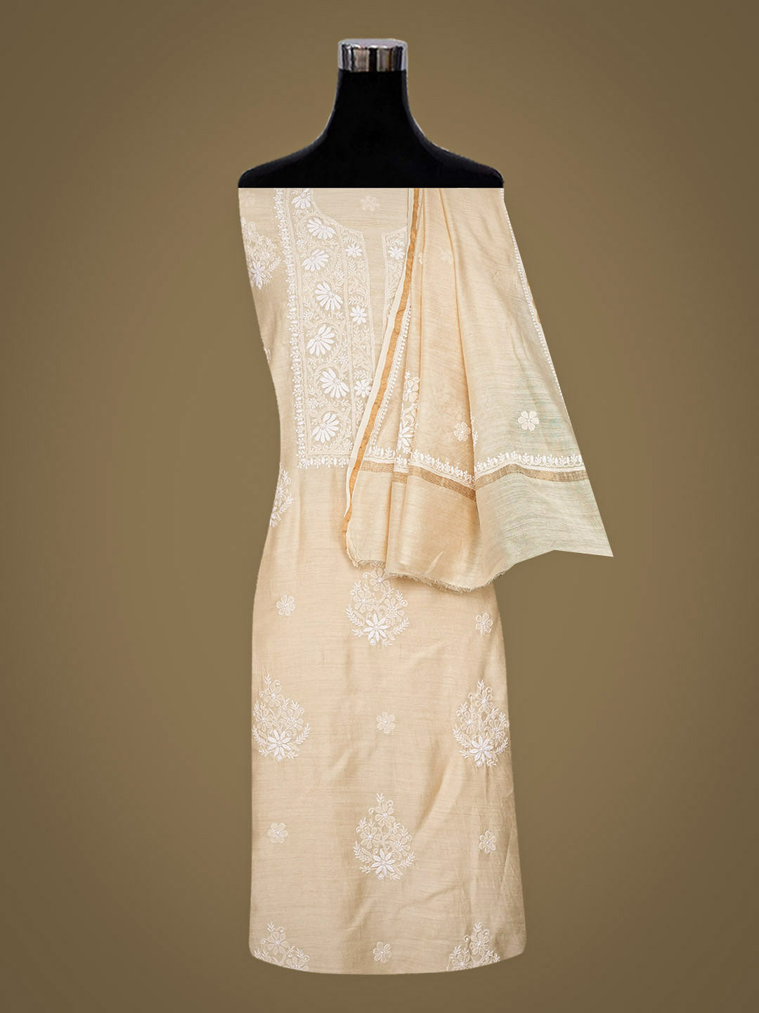 Ada Hand Embroidered Fawn Moonga Silk Lucknowi Chikankari Unstitched Kurta Dupatta Set 01A966358