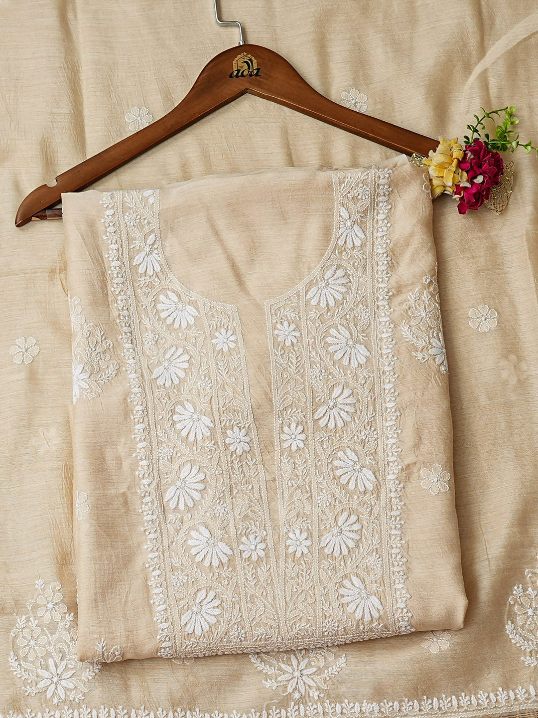 Ada Hand Embroidered Fawn Moonga Silk Lucknowi Chikankari Unstitched Kurta Dupatta Set 01A966358