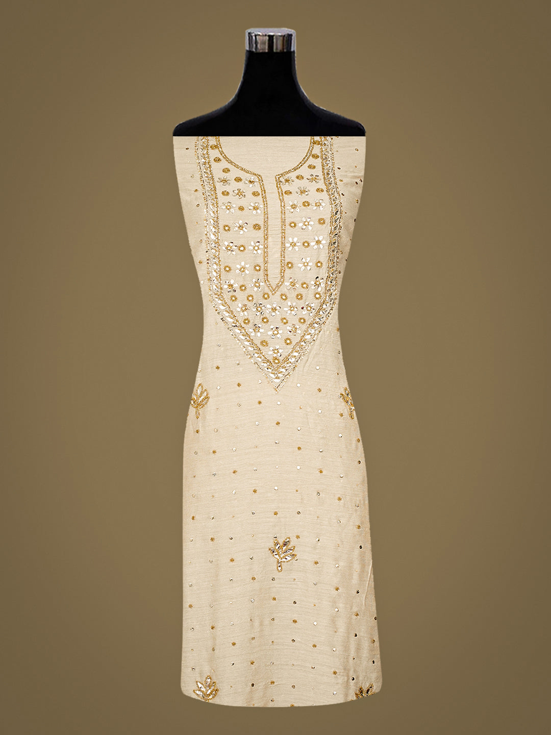 Ada Hand Embroidered Fawn Moonga Silk Unstitched Kurta Dupatta Set With Muqaish/Mukaish Work 01A994733