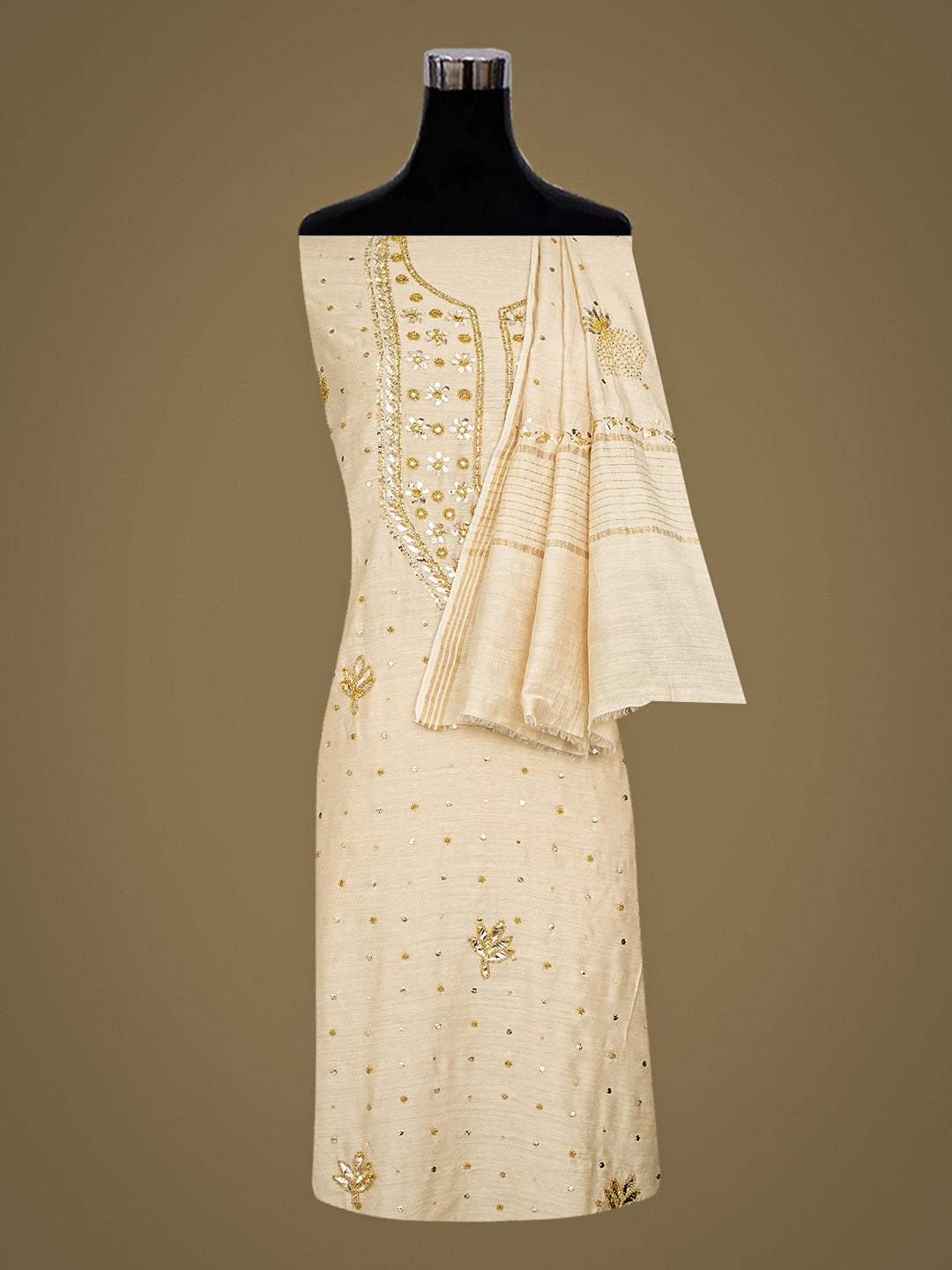 Ada Hand Embroidered Fawn Moonga Silk Unstitched Kurta Dupatta Set With Muqaish/Mukaish Work 01A994733
