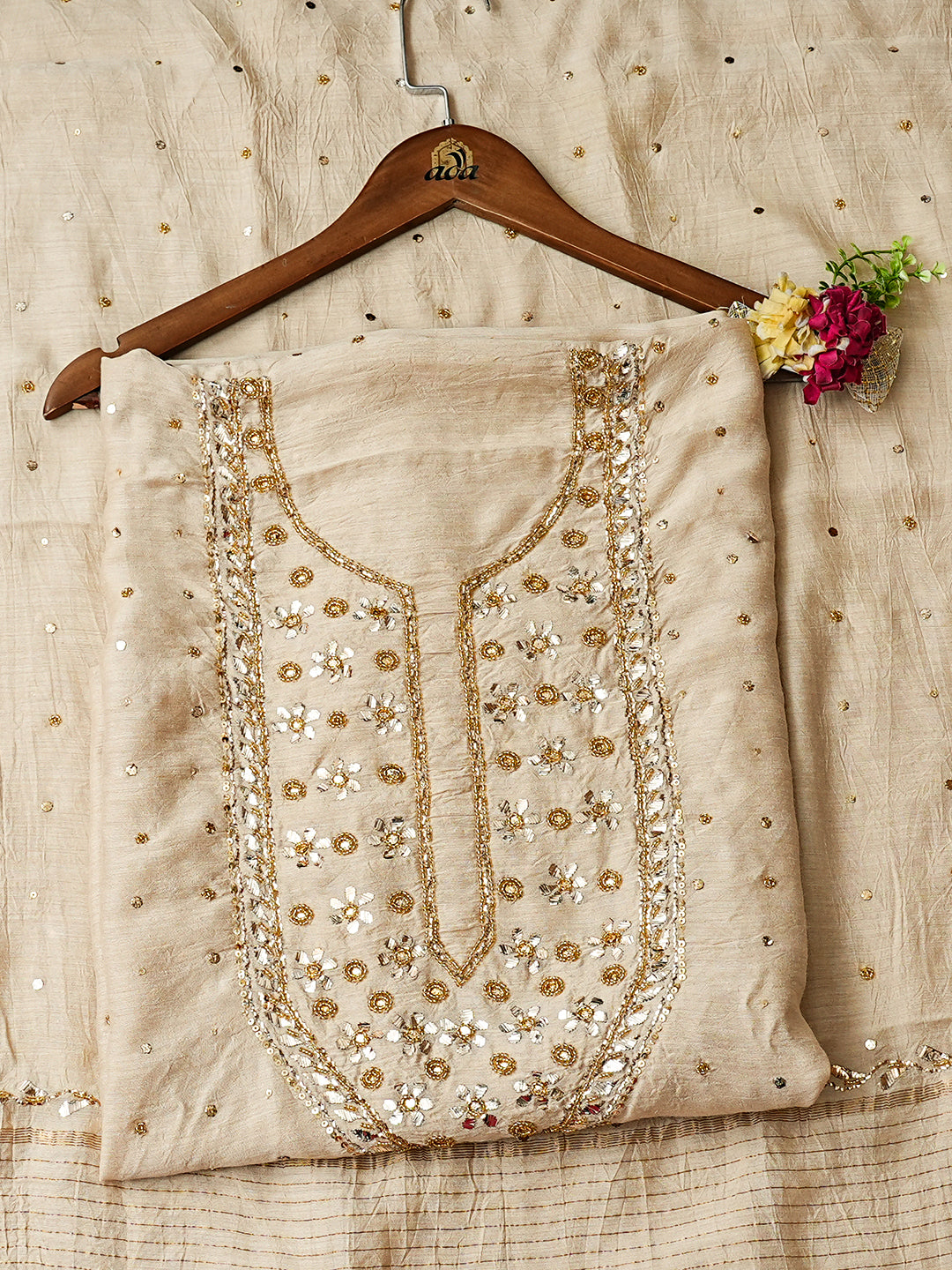 Ada Hand Embroidered Fawn Moonga Silk Unstitched Kurta Dupatta Set With Muqaish/Mukaish Work 01A994733