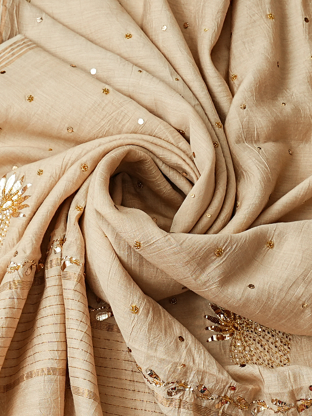Ada Hand Embroidered Fawn Moonga Silk Unstitched Kurta Dupatta Set With Muqaish/Mukaish Work 01A994733
