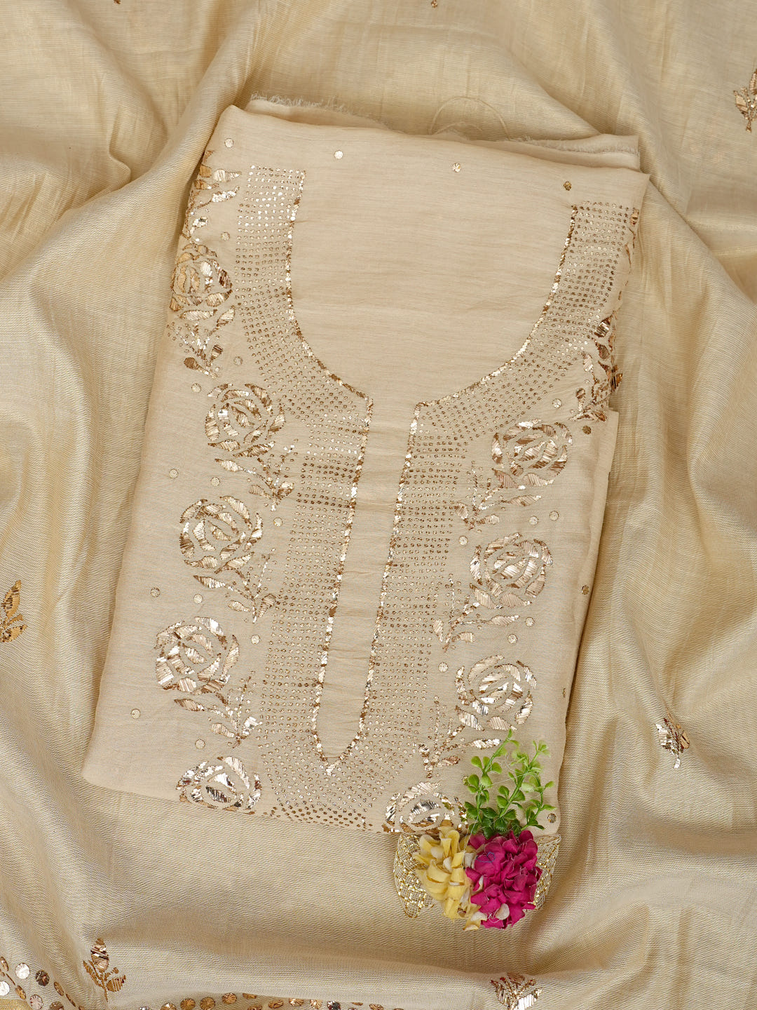 Ada Hand Embroidered Fawn Moonga Silk Unstitched Kurta Dupatta Set With Muqaish/Mukaish Work 01A994732