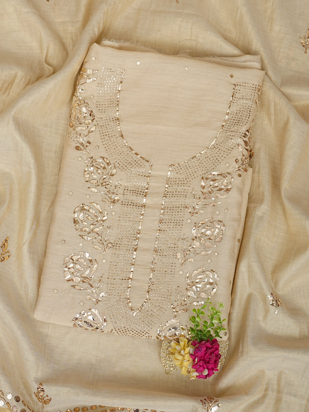 Ada Hand Embroidered Fawn Moonga Silk Unstitched Kurta Dupatta With Muqaish/Mukaish Work 01A994732