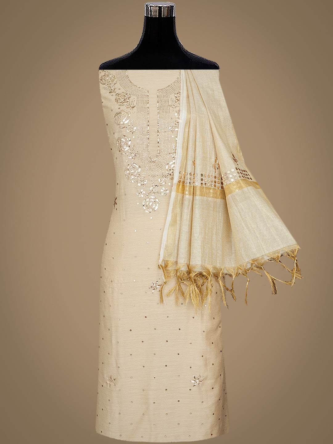 Ada Hand Embroidered Fawn Moonga Silk Unstitched Kurta Dupatta With Muqaish/Mukaish Work 01A994732
