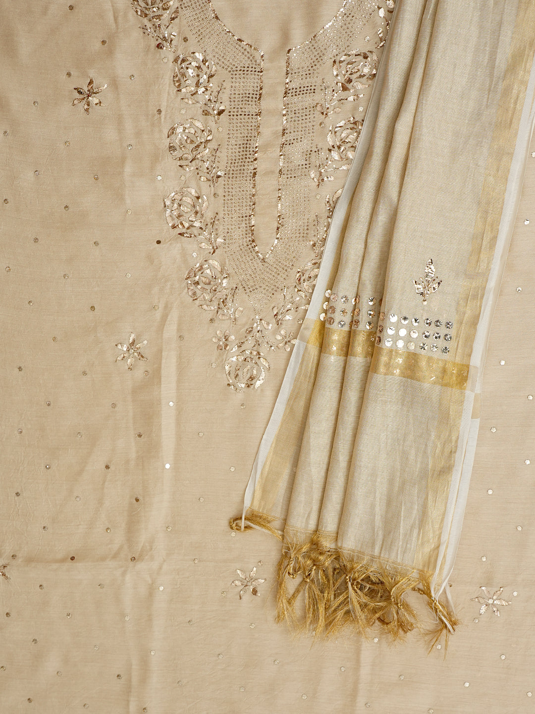 Ada Hand Embroidered Fawn Moonga Silk Unstitched Kurta Dupatta With Muqaish/Mukaish Work 01A994732