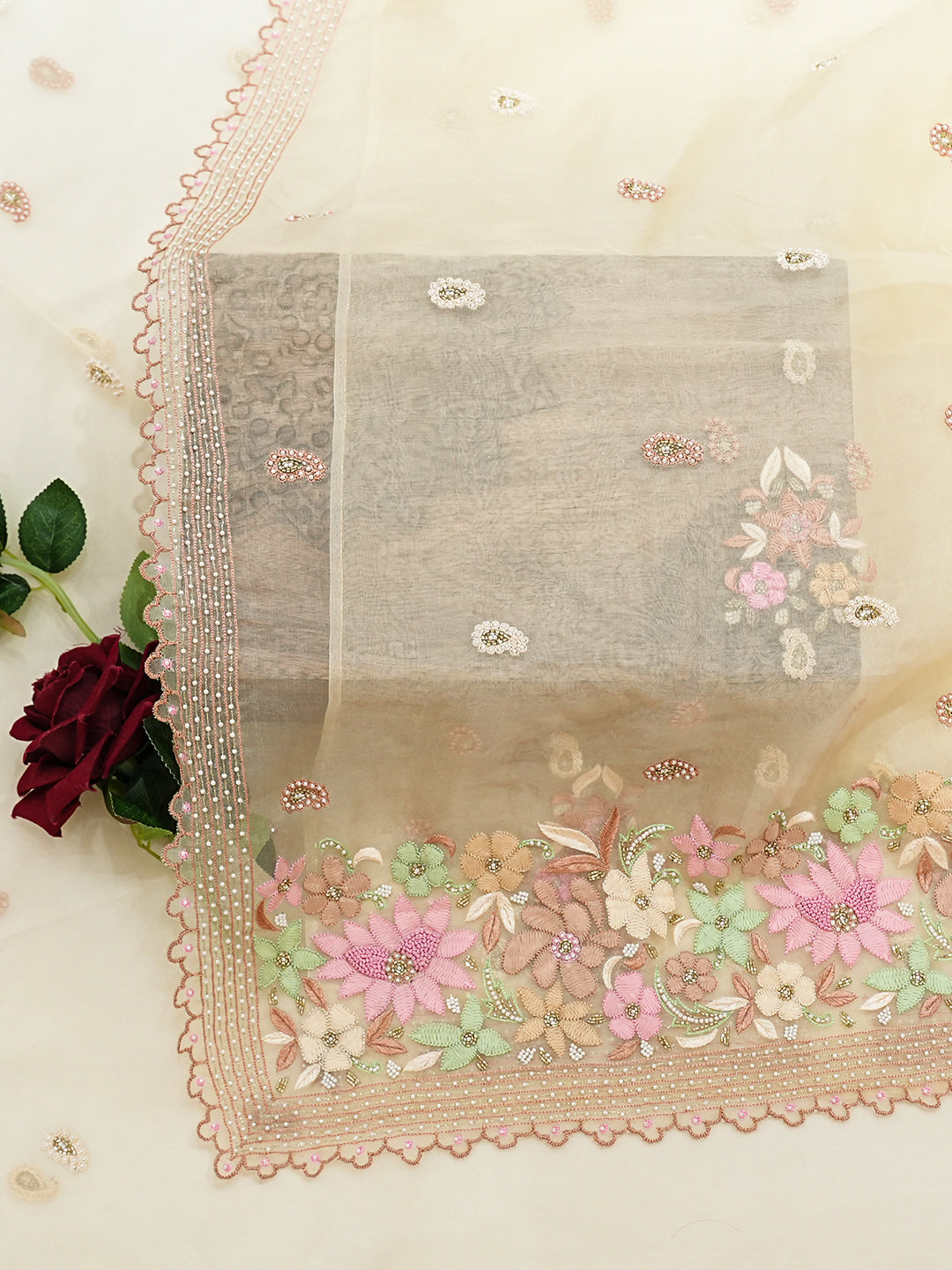 Ada Hand Embroidered Fawn Organza Lucknowi Chikankari Saree and Blouse With Cutdana Work 01A977751_4