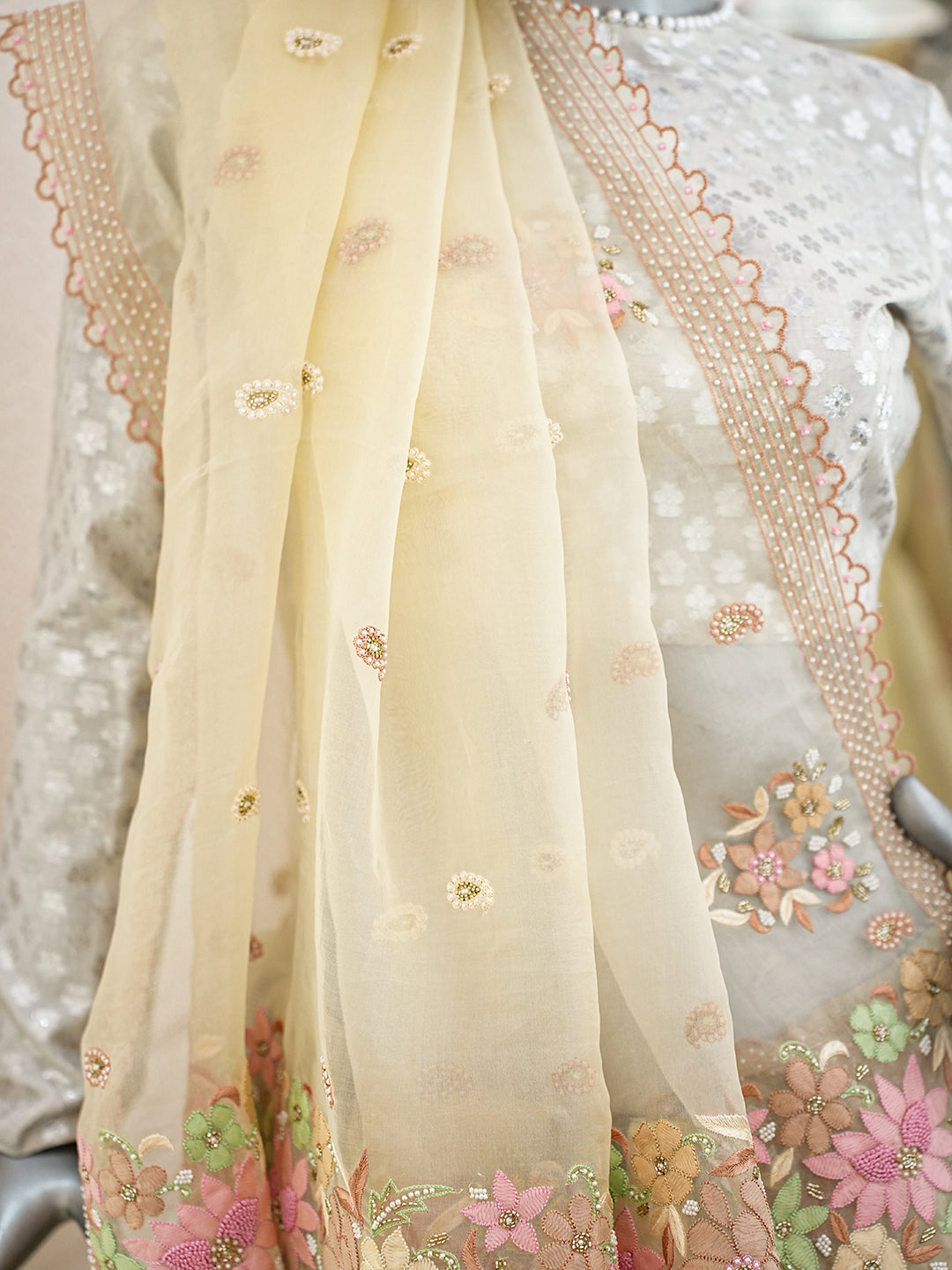 Ada Hand Embroidered Fawn Organza Lucknowi Chikankari Saree and Blouse With Cutdana Work 01A977751_6
