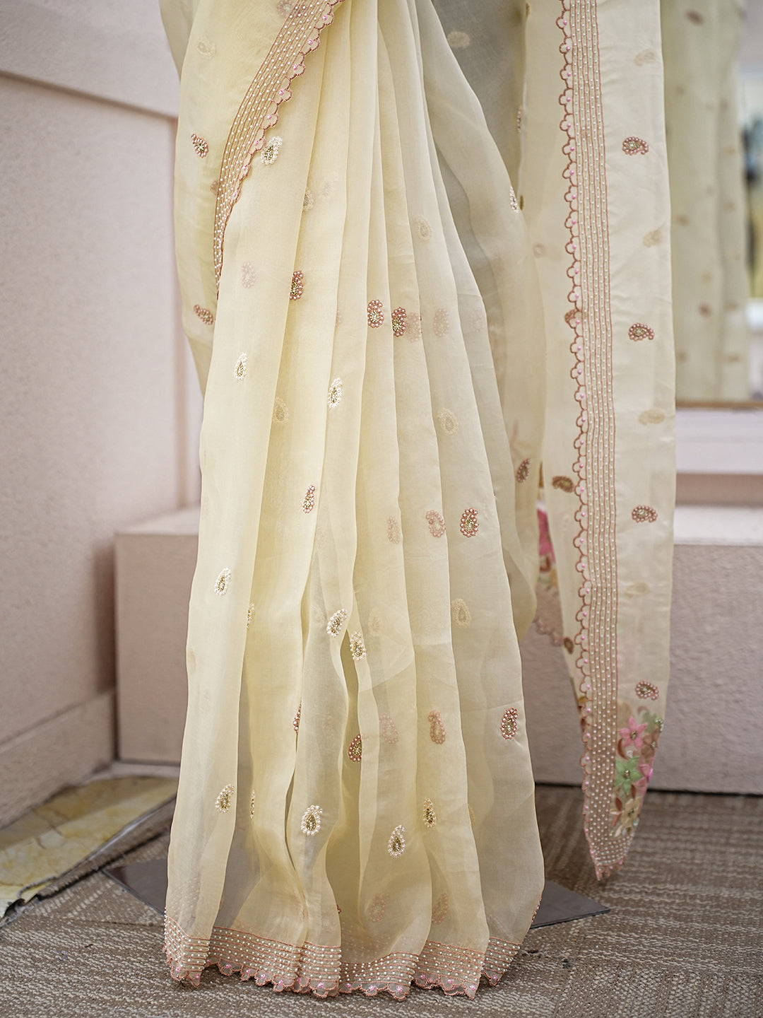Ada Hand Embroidered Fawn Organza Lucknowi Chikankari Saree and Blouse With Cutdana Work 01A977751_7