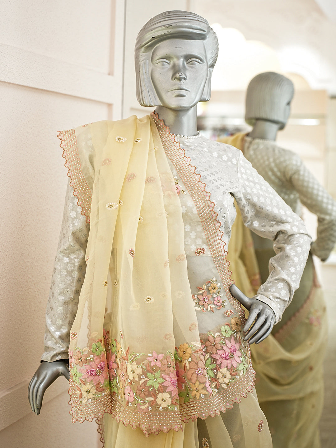 Ada Hand Embroidered Fawn Organza Lucknowi Chikankari Saree and Blouse With Cutdana Work 01A977751_3