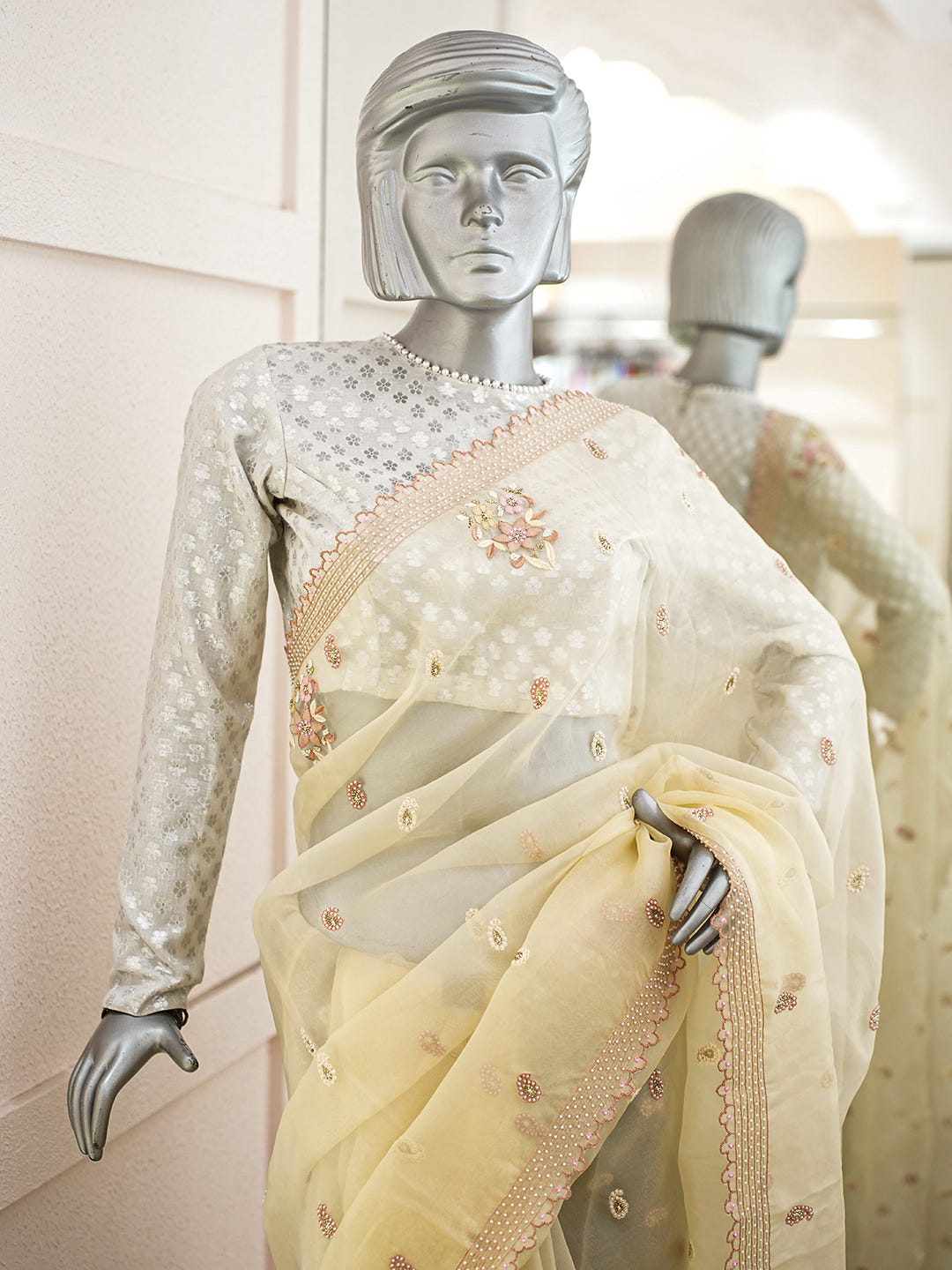 Ada Hand Embroidered Fawn Organza Lucknowi Chikankari Saree and Blouse With Cutdana Work 01A977751_2
