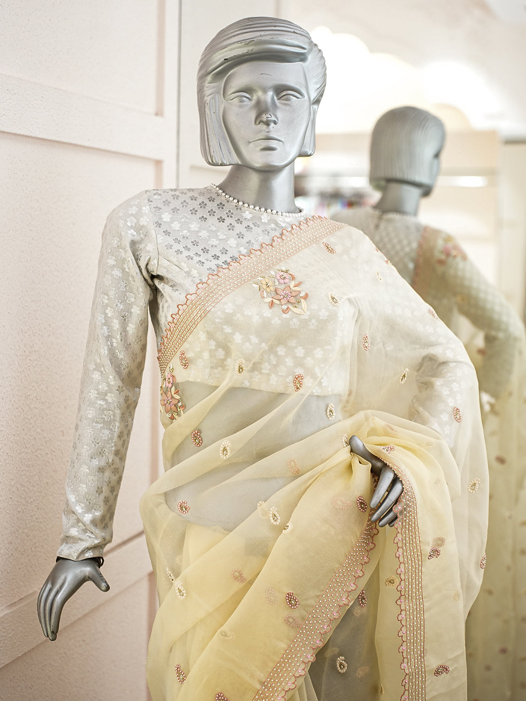 Ada Hand Embroidered Fawn Organza Lucknowi Chikankari Saree and Blouse With Cutdana Work 01A977751_2