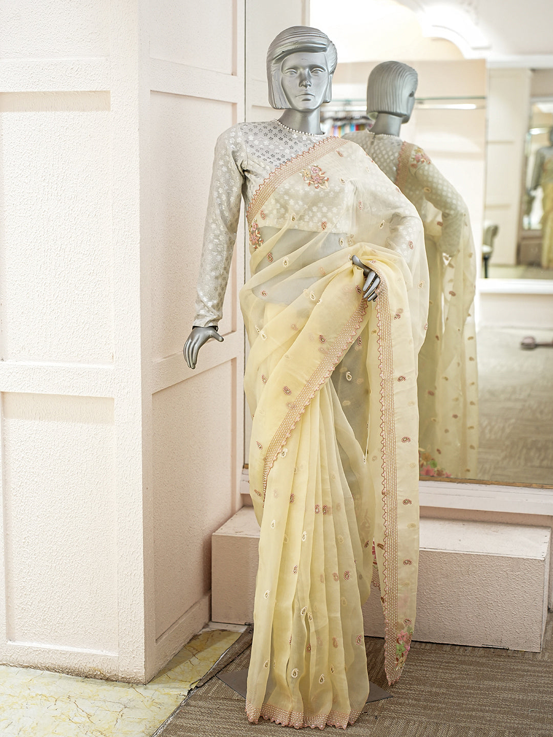 Ada Hand Embroidered Fawn Organza Lucknowi Chikankari Saree and Blouse With Cutdana Work 01A977751_1