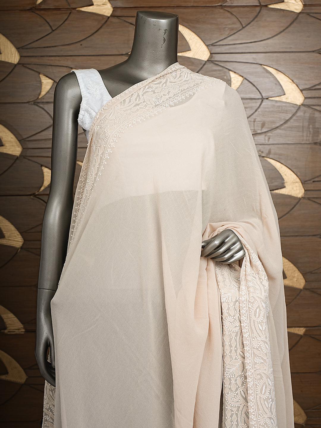 Ada Hand Embroidered Fawn Pure Georgette Lucknowi Chikankari Dupatta 01A980860_2