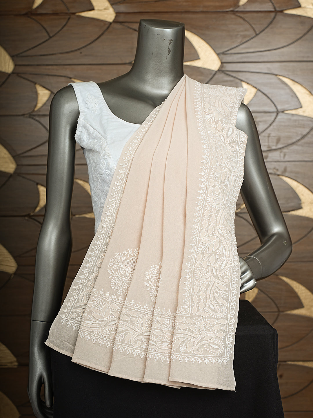 Ada Hand Embroidered Fawn Pure Georgette Lucknowi Chikankari Dupatta 01A980860_1