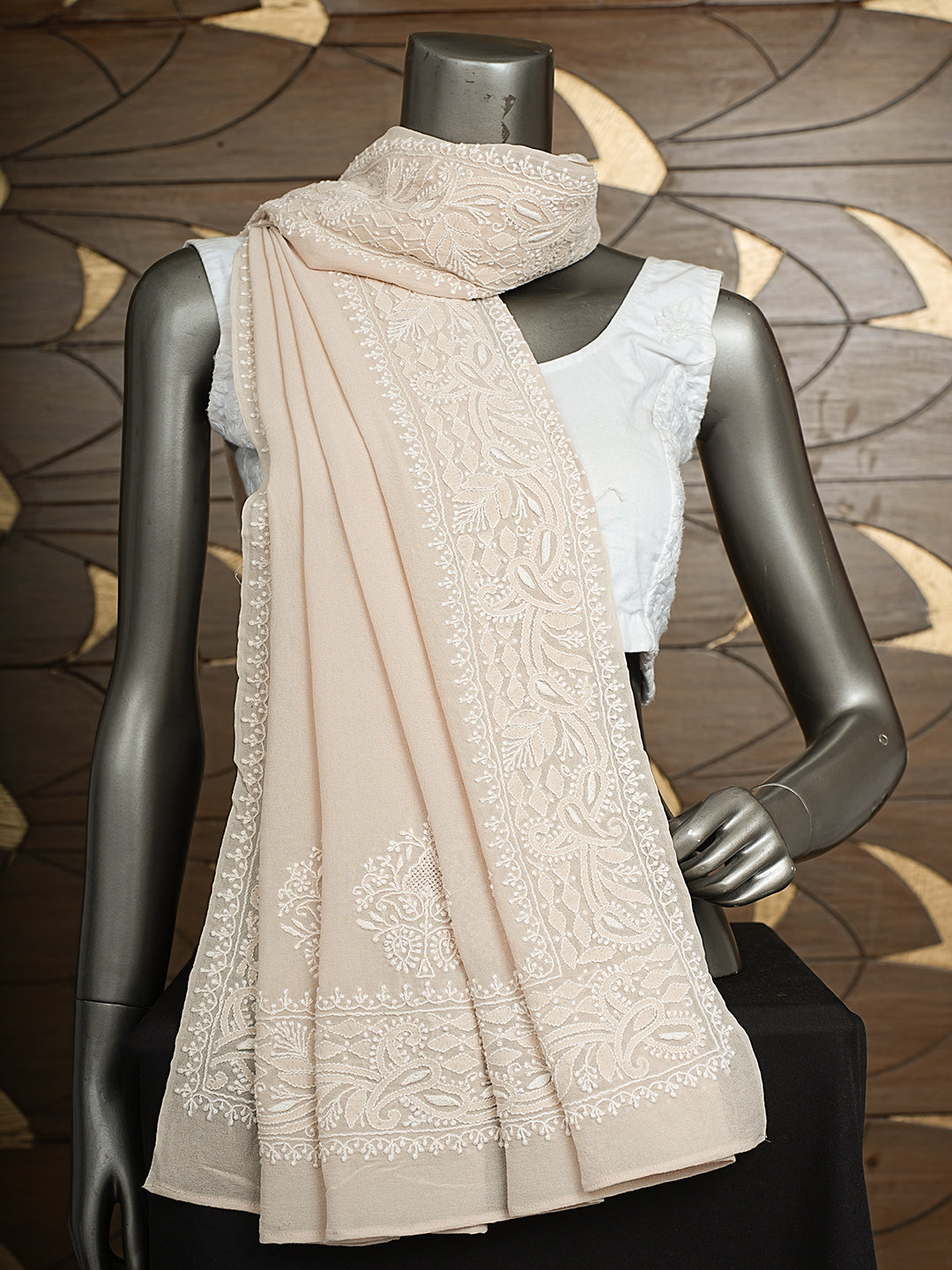 Ada Hand Embroidered Fawn Pure Georgette Lucknowi Chikankari Dupatta 01A980860_3