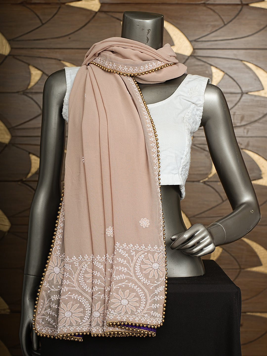 Ada Hand Embroidered Fawn Pure Georgette Lucknowi Chikankari Dupatta With Pearl Work 01A825149