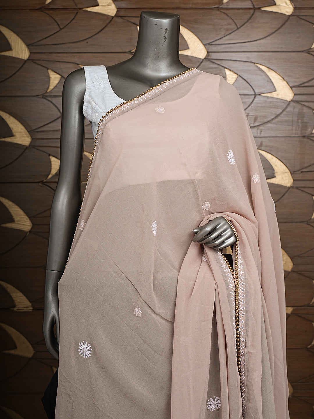 Ada Hand Embroidered Fawn Pure Georgette Lucknowi Chikankari Dupatta With Pearl Work 01A825149
