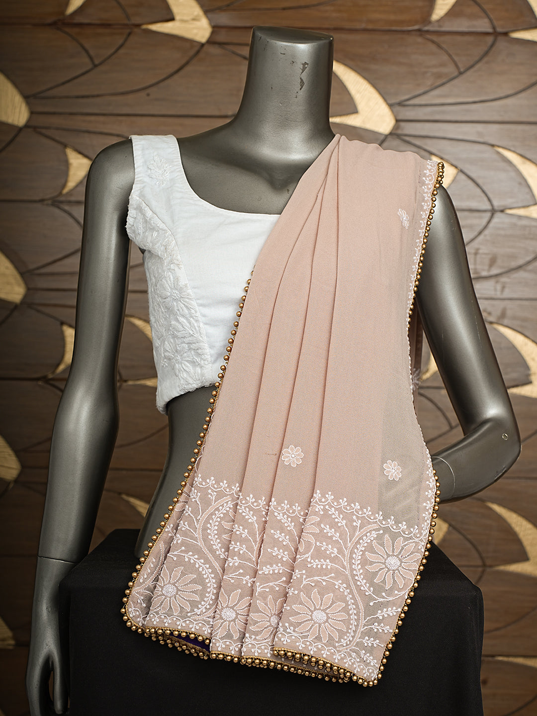 Ada Hand Embroidered Fawn Pure Georgette Lucknowi Chikankari Dupatta With Pearl Work 01A825149