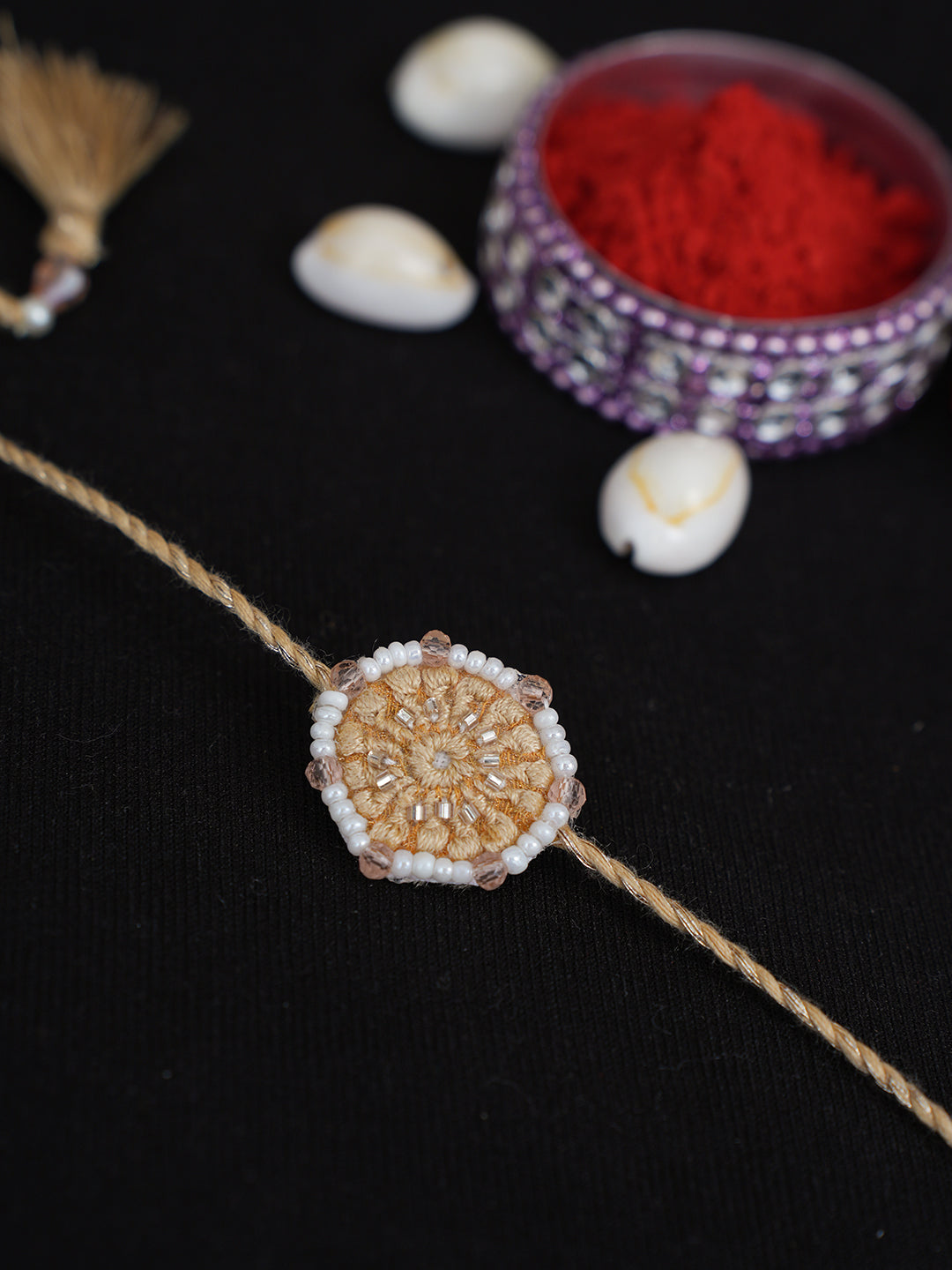 Ada Hand Embroidered Fawn Raksha Sutra Rakhi with Pearl Work_1