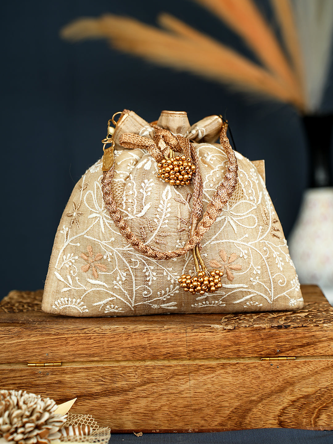 Ada Hand Embroidered Fawn Silk Lucknowi Chikankari Potli Bag With Zari Work 01A1006896