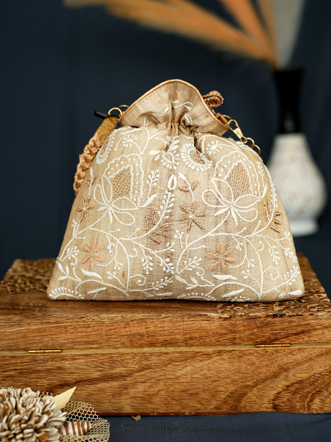 Ada Hand Embroidered Fawn Silk Lucknowi Chikankari Potli Bag With Zari Work 01A1006896